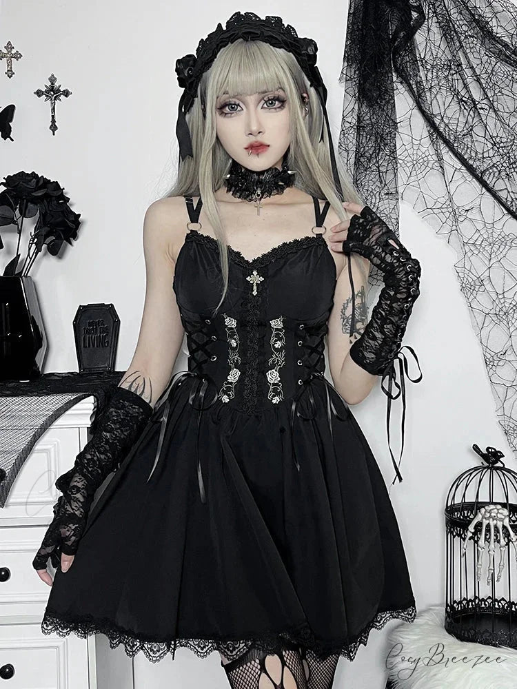 A-Line Pleated Hem Swing Harajuku Summer Lolita Lace Trim Y2K Retro Grunge Streetwear Dress Black 2 / S