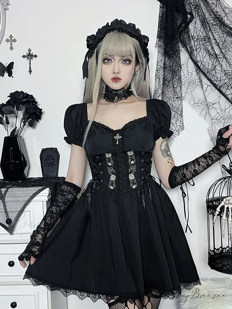A-Line Pleated Hem Swing Harajuku Summer Lolita Lace Trim Y2K Retro Grunge Streetwear Dress Black / S