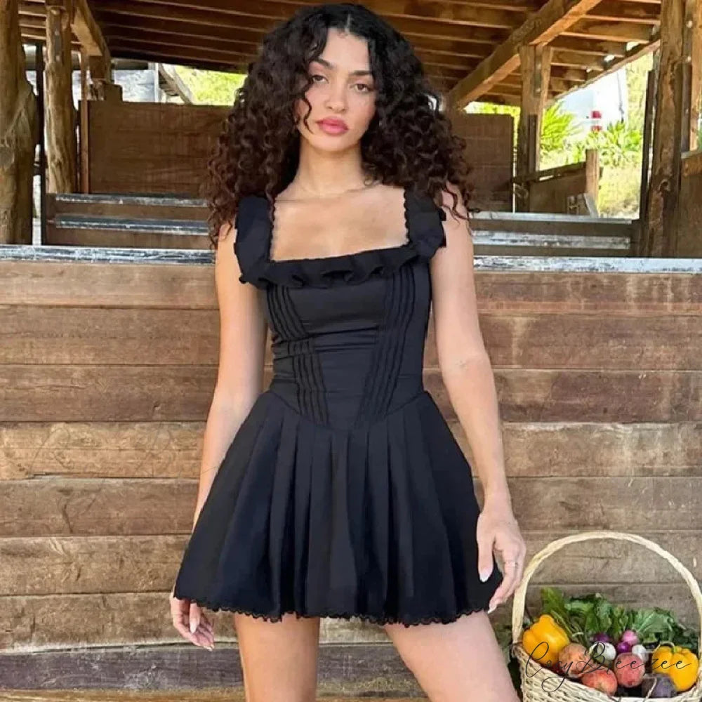 A-line Slinky Pleated Mini Dress Black / S