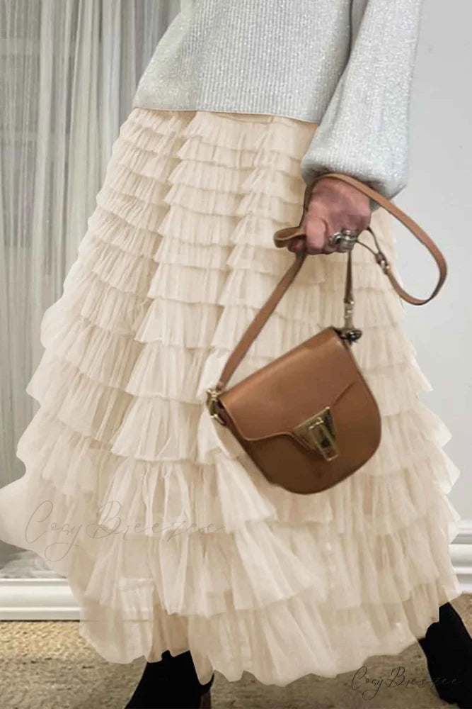 A-line Tiered Mesh Skirt Beige / L