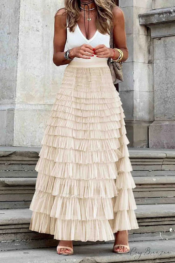 A-line Tiered Mesh Skirt Beige / S