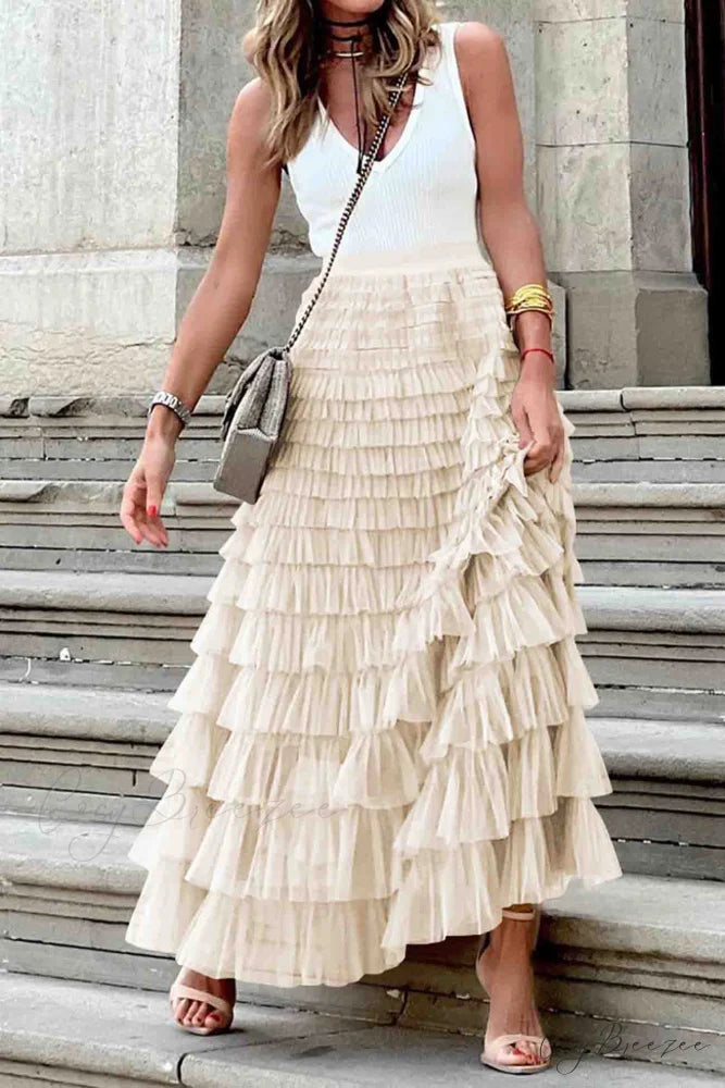 A-line Tiered Mesh Skirt Beige / XL