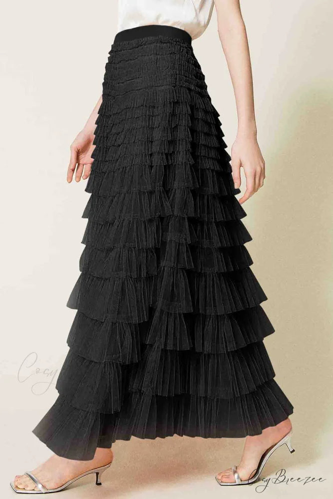 A-line Tiered Mesh Skirt Black / S