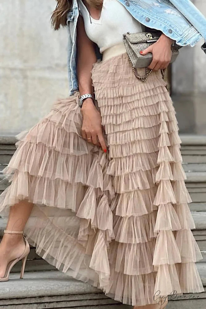 A-line Tiered Mesh Skirt Khaki / 2XL