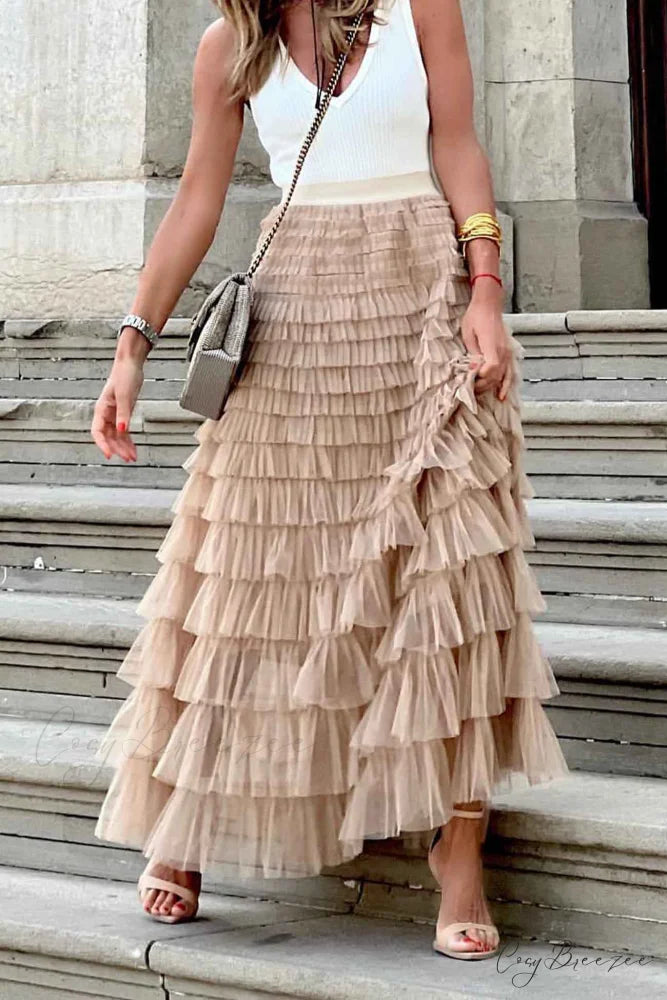 A-line Tiered Mesh Skirt Khaki / M
