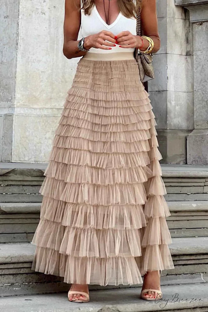 A-line Tiered Mesh Skirt Khaki / S