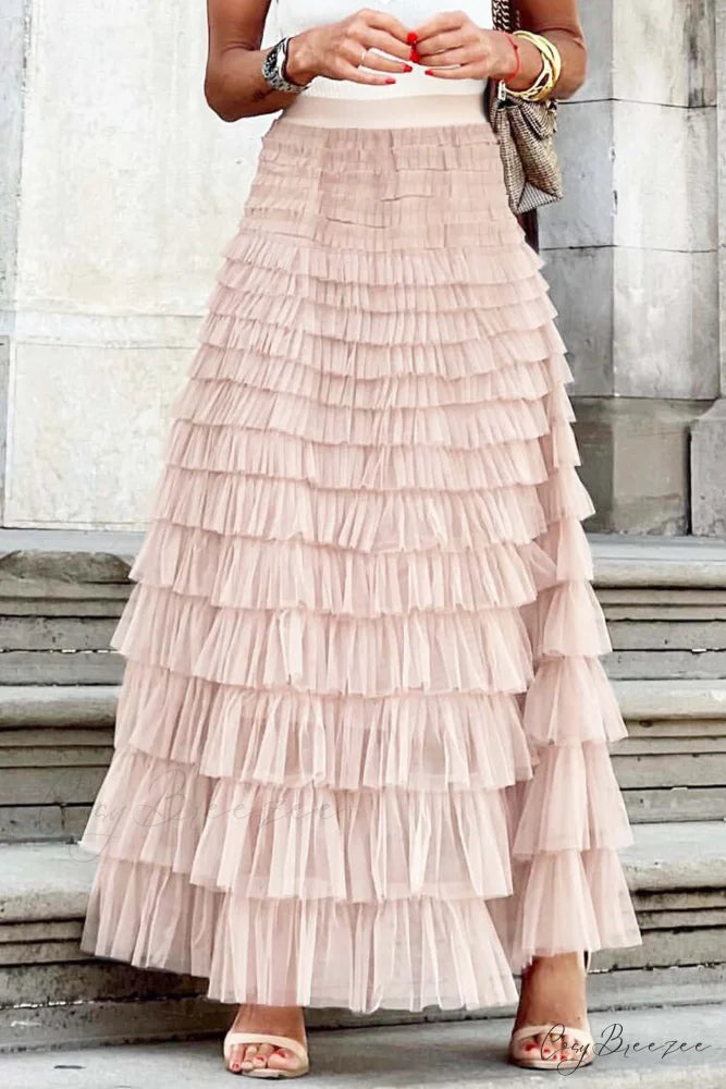 A-line Tiered Mesh Skirt Pink / S