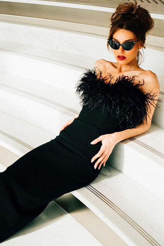 Strapless V-Neck Feathered Mermaid Party Dress