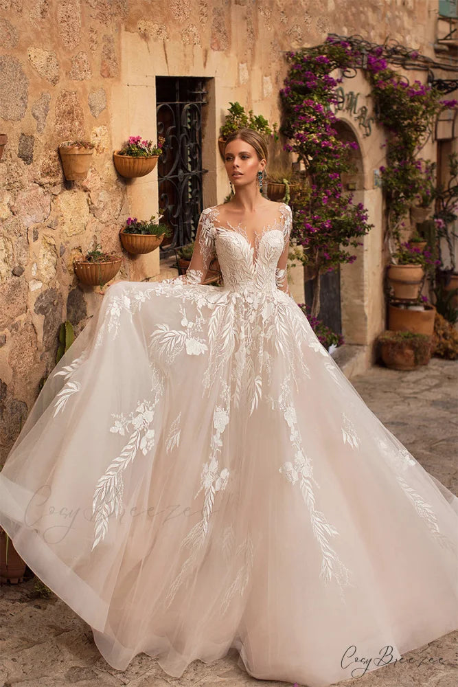 Abernathy Illusion Lace Trendy A-line Tulle Wedding Dress