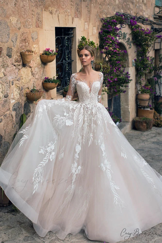 Abernathy Illusion Lace Trendy A-line Tulle Wedding Dress