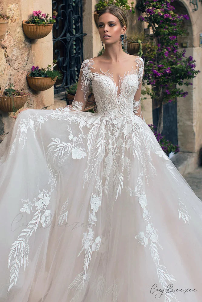 Abernathy Illusion Lace Trendy A-line Tulle Wedding Dress Ivory / 2