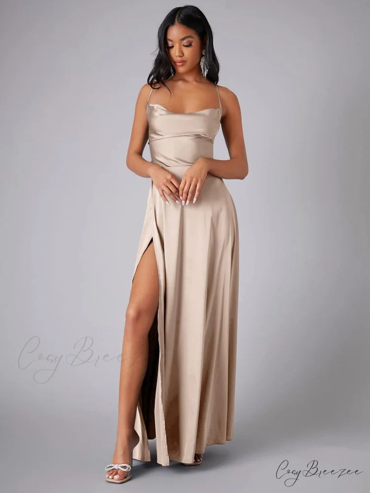 Abigail Ruched Stylish Satin Mermaid Dress Khaki / S