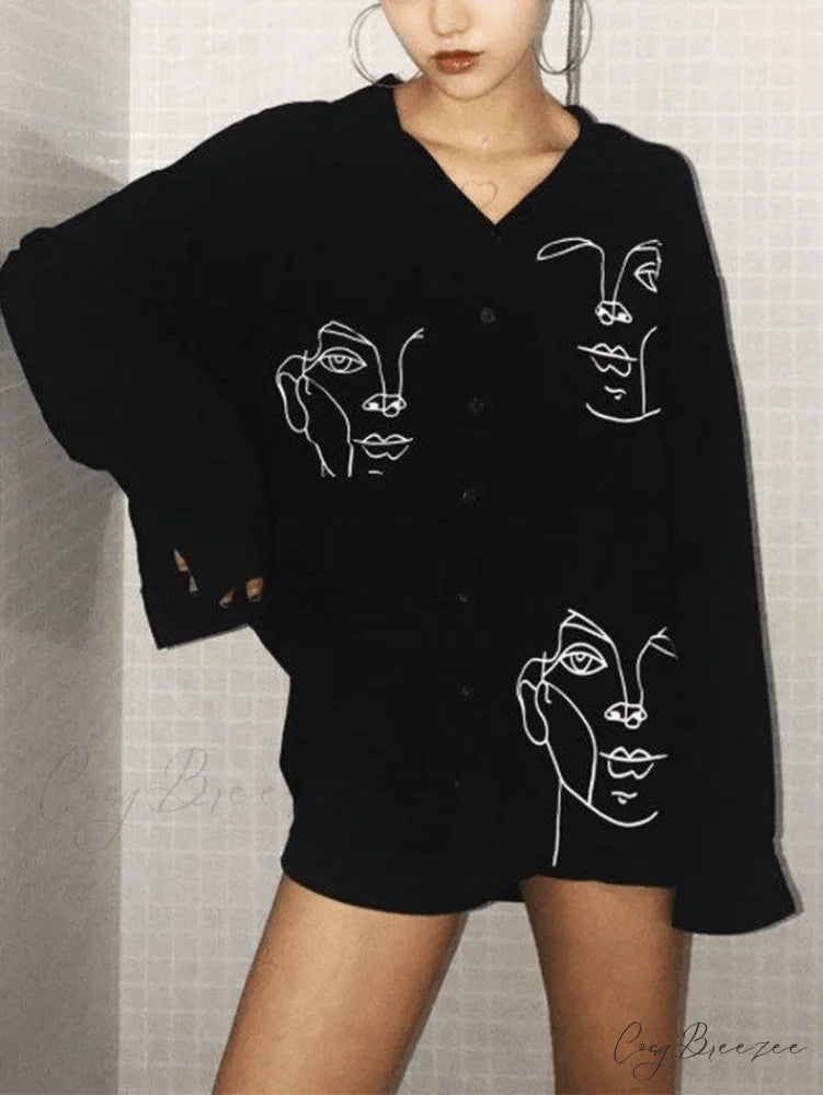 Abstract Face Mesh Trendy Long Sleeve Crop Top Black / S