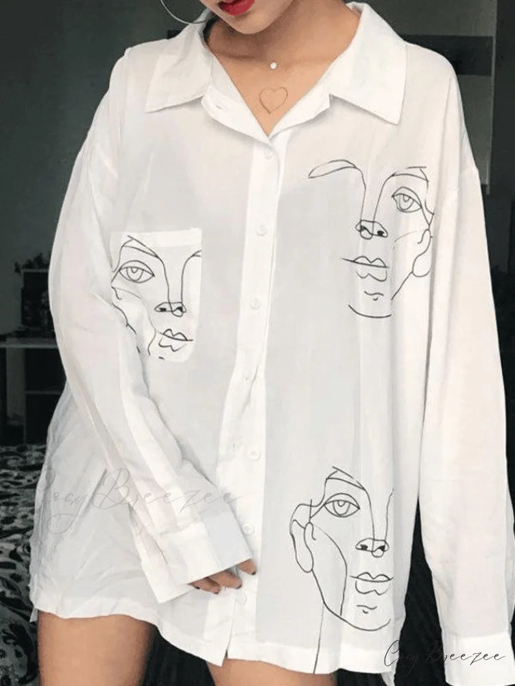 Abstract Face Mesh Trendy Long Sleeve Crop Top White / S