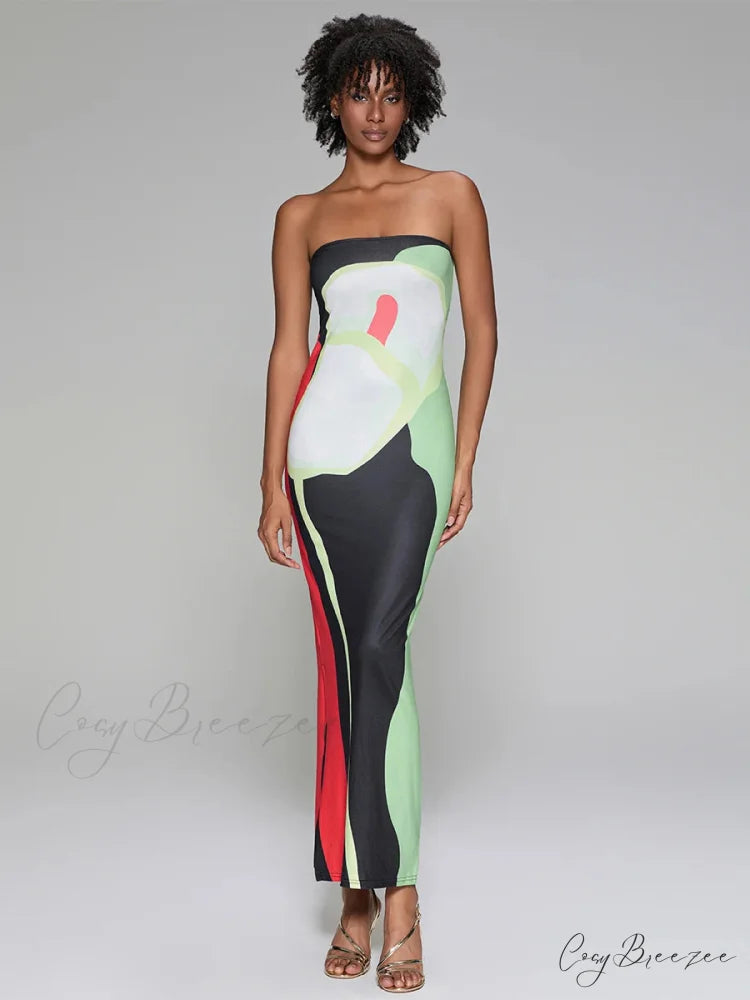 Abstract Print Strapless Side Split Dress floraldress-250126