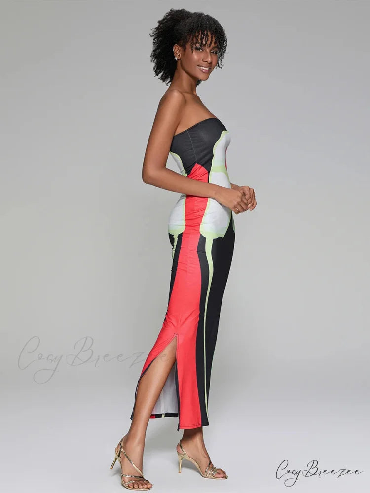 Abstract Print Strapless Side Split Dress floraldress-250126