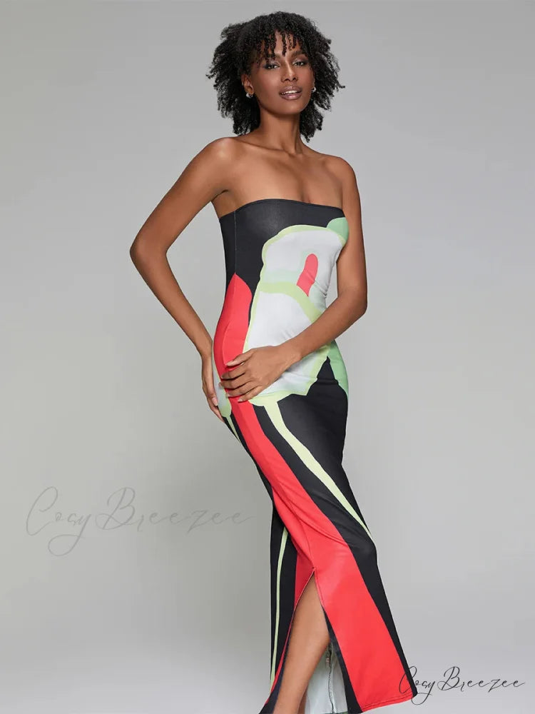 Abstract Print Strapless Side Split Dress floraldress-250126