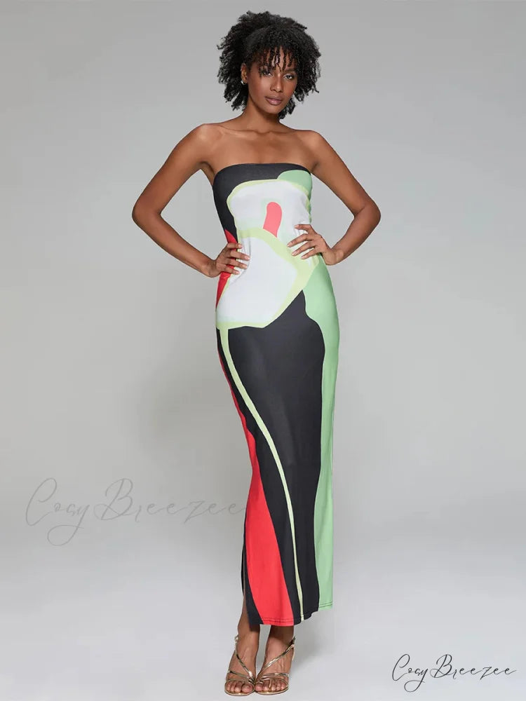 Abstract Print Strapless Side Split Dress Green / S floraldress-250126