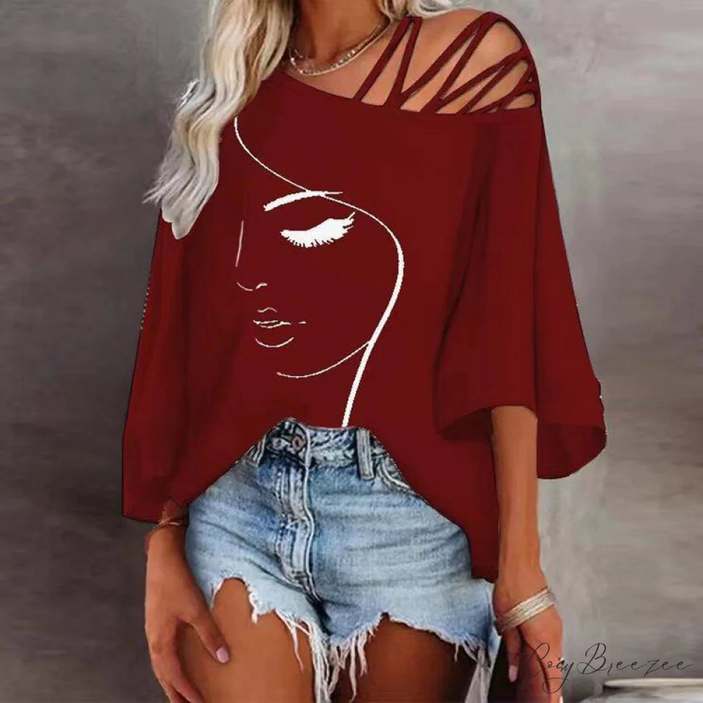 Abstract Skew Women Bandage Design and Blouse Neckline with Tee Detail 04 Wine Red / S