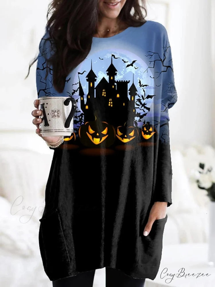 Abstract Women’s Design Black Painting Shirts Round Neck Block White Halloween Long Tunic Plaid Weekend and for and Arm