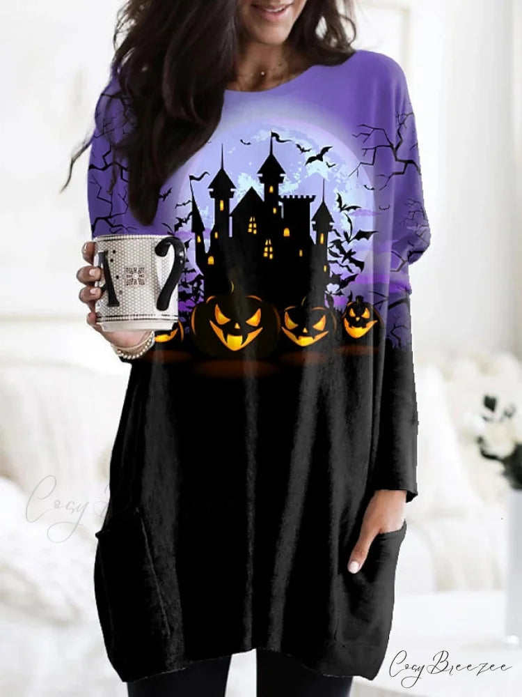 Abstract Women’s Design Black Painting Shirts Round Neck Block White Halloween Long Tunic Plaid Weekend and for and Arm