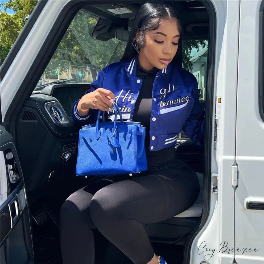 Active Letter Print Cropped Varsity Classic Bomber Jacket - Emerald Green M / Royal Blue