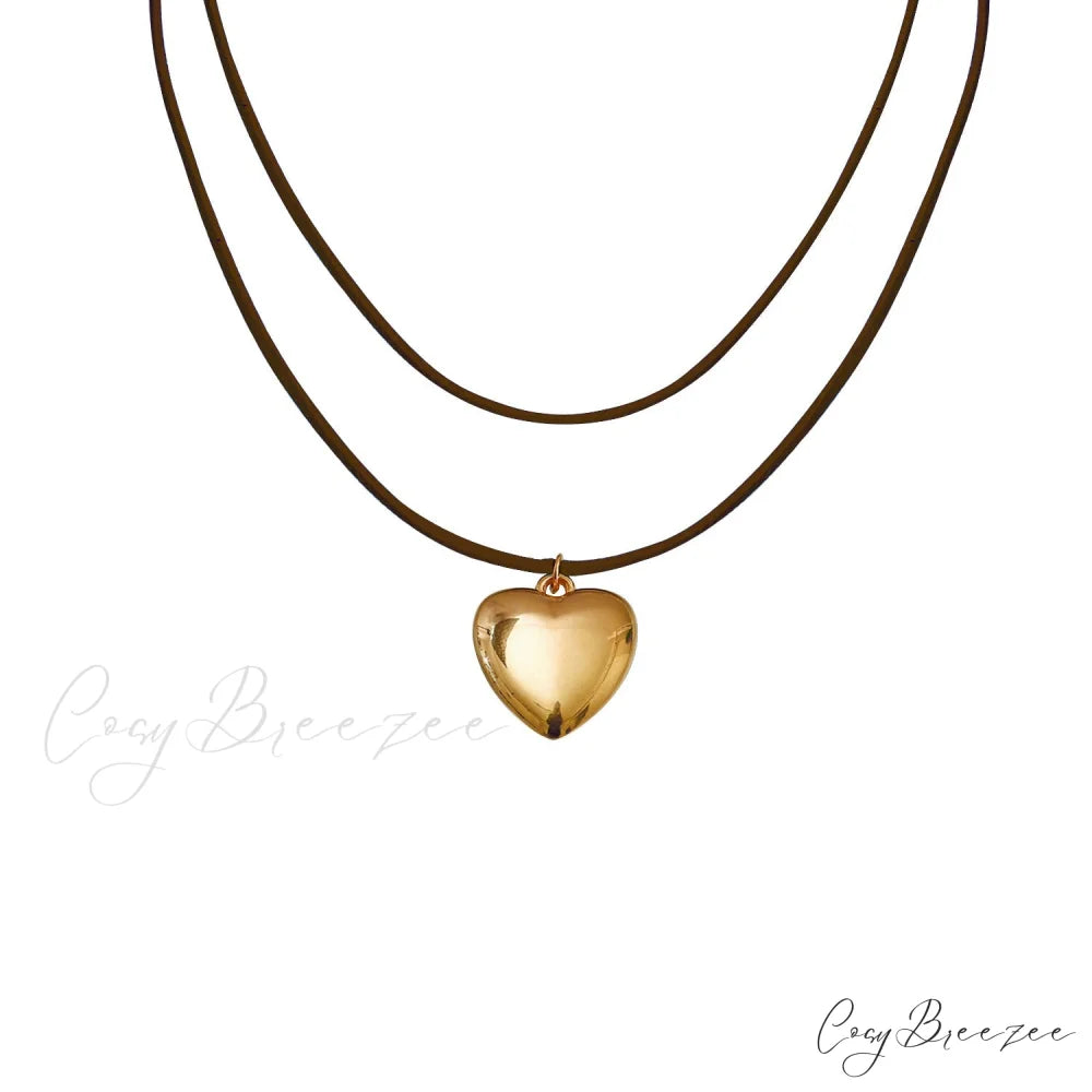 Adjustable Korean Velvet Choker with Big Heart Pendant Necklace BROWN