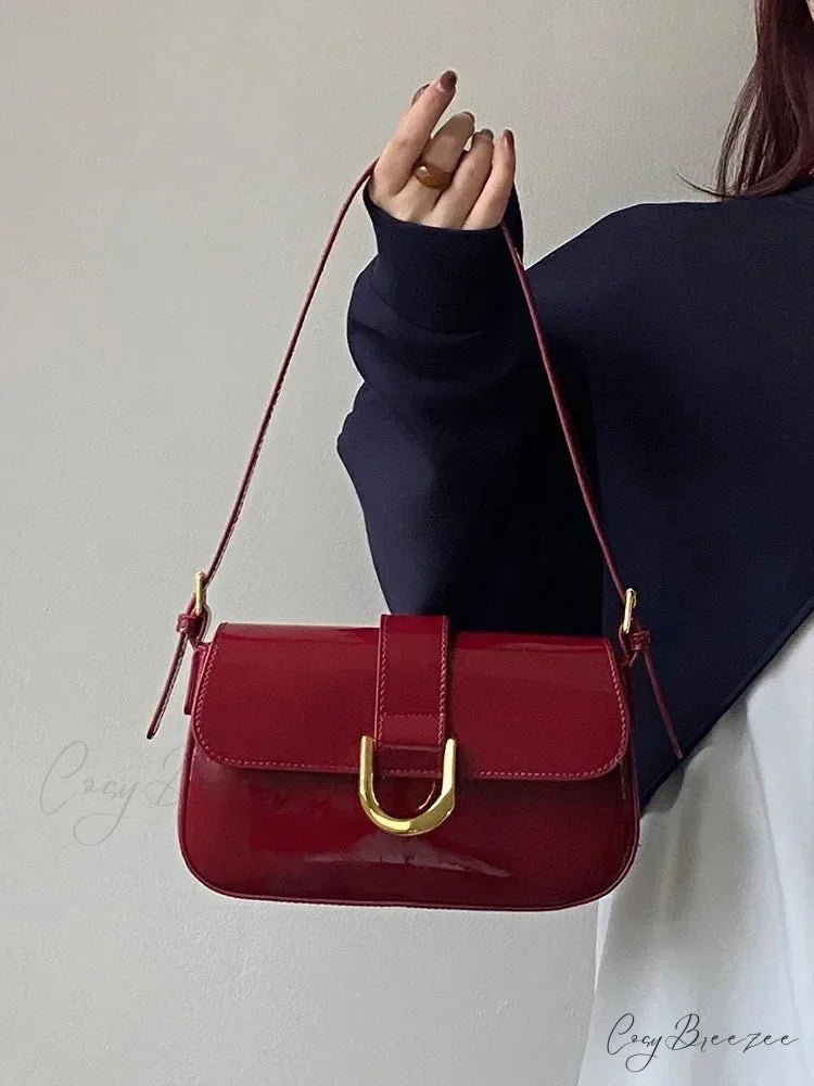 Adjustable Strap Patent Leather Satchel Red shoulder-250126