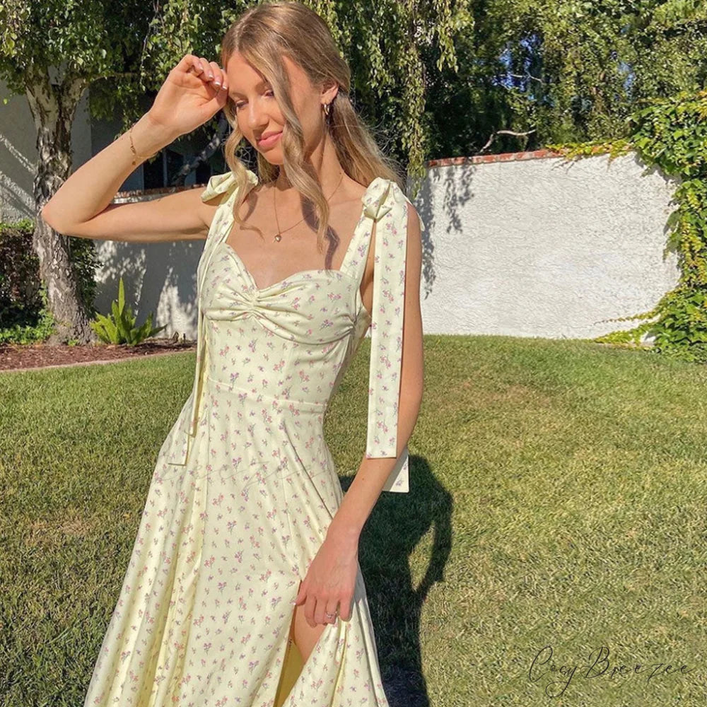 Adorable Daisy Printed High Slit Classic A-Line Slip Midi Sundress - White L / Yellow