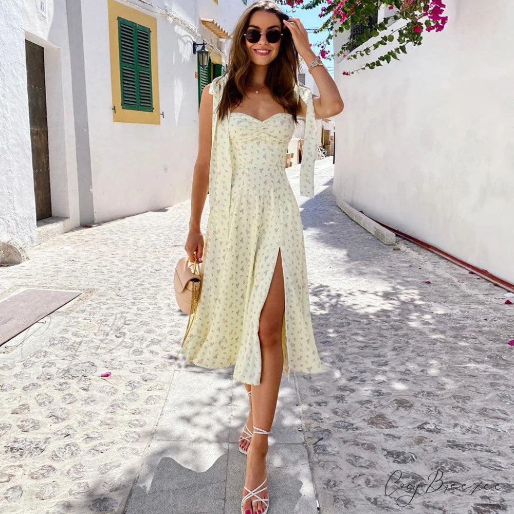 Adorable Daisy Printed High Slit Classic A-Line Slip Midi Sundress - White S / Yellow