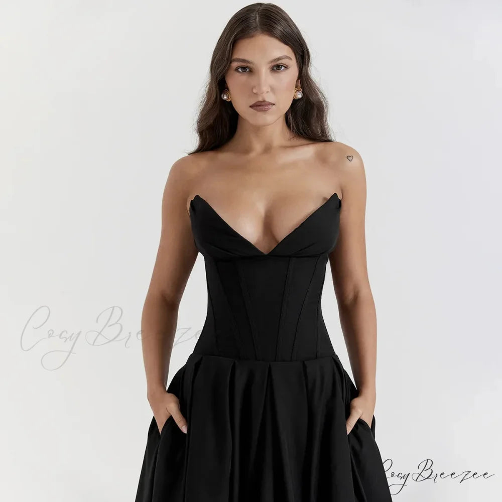 Adriana Midi A-Line Charming Strapless Corset Dress Black / S
