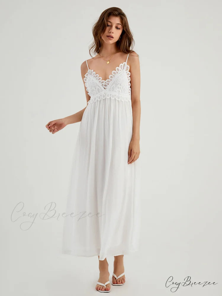 Aegean Guipure Lace Trendy Open Back Long Dress