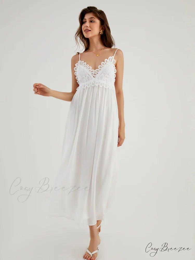 Aegean Guipure Lace Trendy Open Back Long Dress