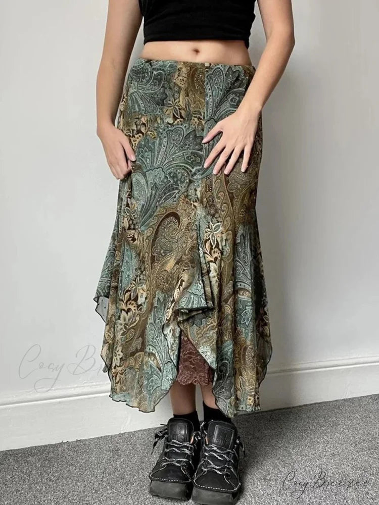 Aesthetic Floral Print Asymmetrical Boho Vacation Lace Skirt Green / S skirt-250126