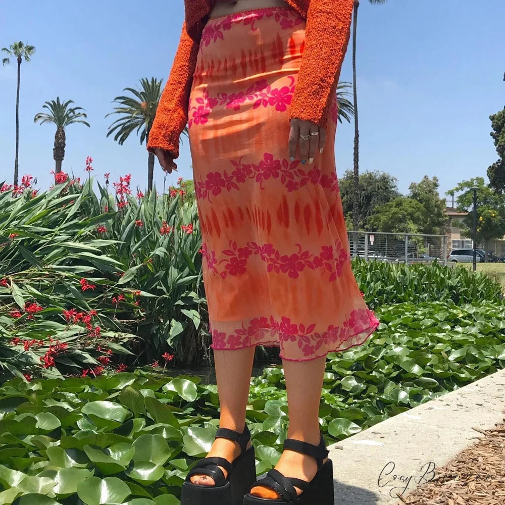 Aesthetic Floral Printed Skirt Bright Boho Casual Beach Skirt skirt-250126