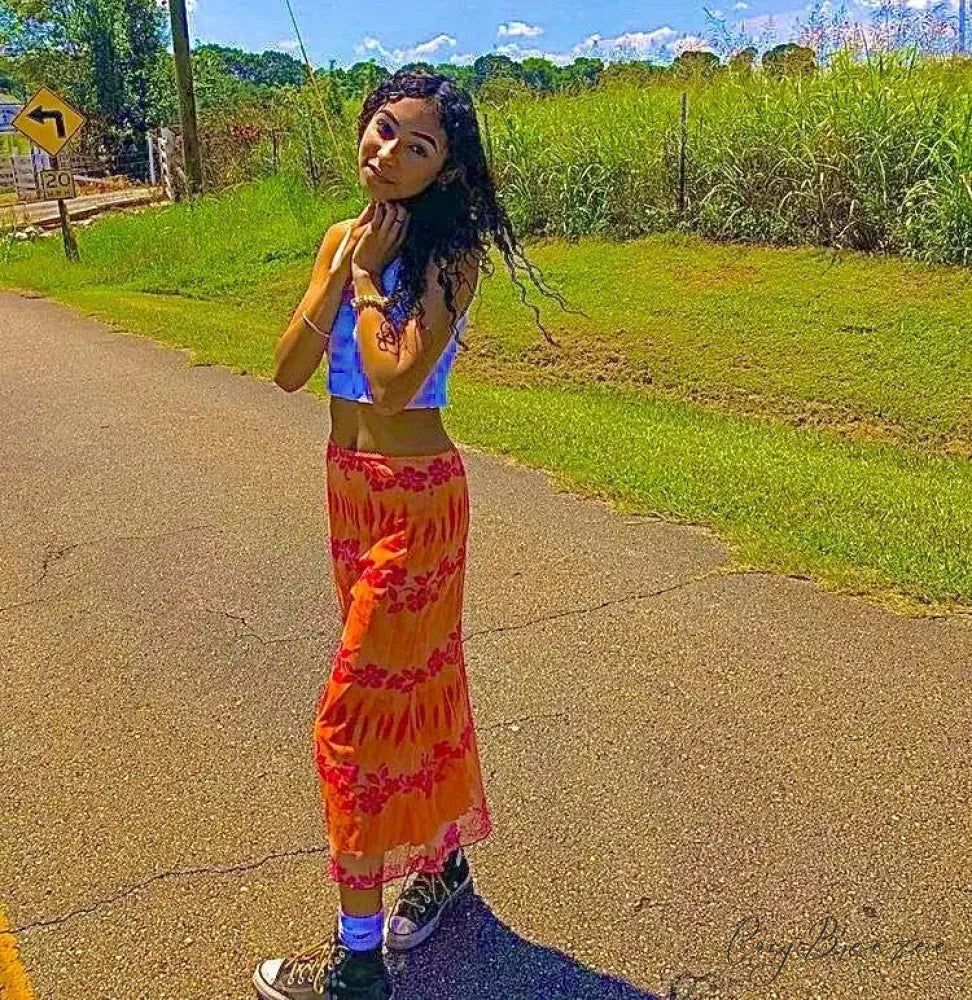Aesthetic Floral Printed Skirt Bright Boho Casual Beach Skirt skirt-250126