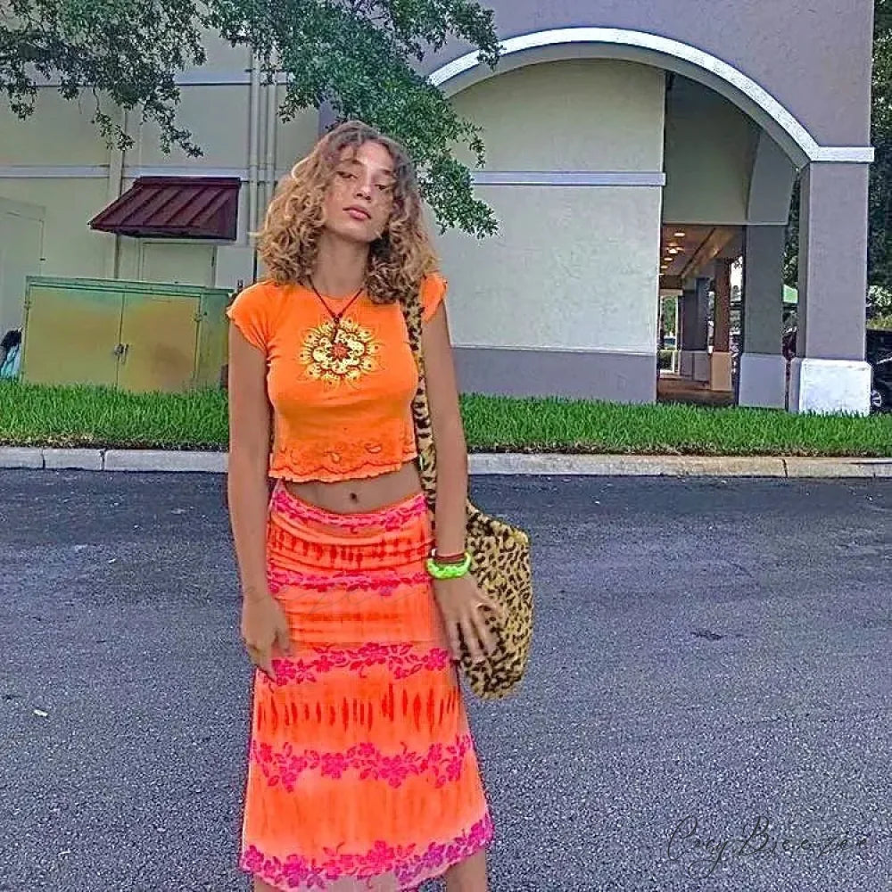 Aesthetic Floral Printed Skirt Bright Boho Casual Beach Skirt ORANGE / S skirt-250126
