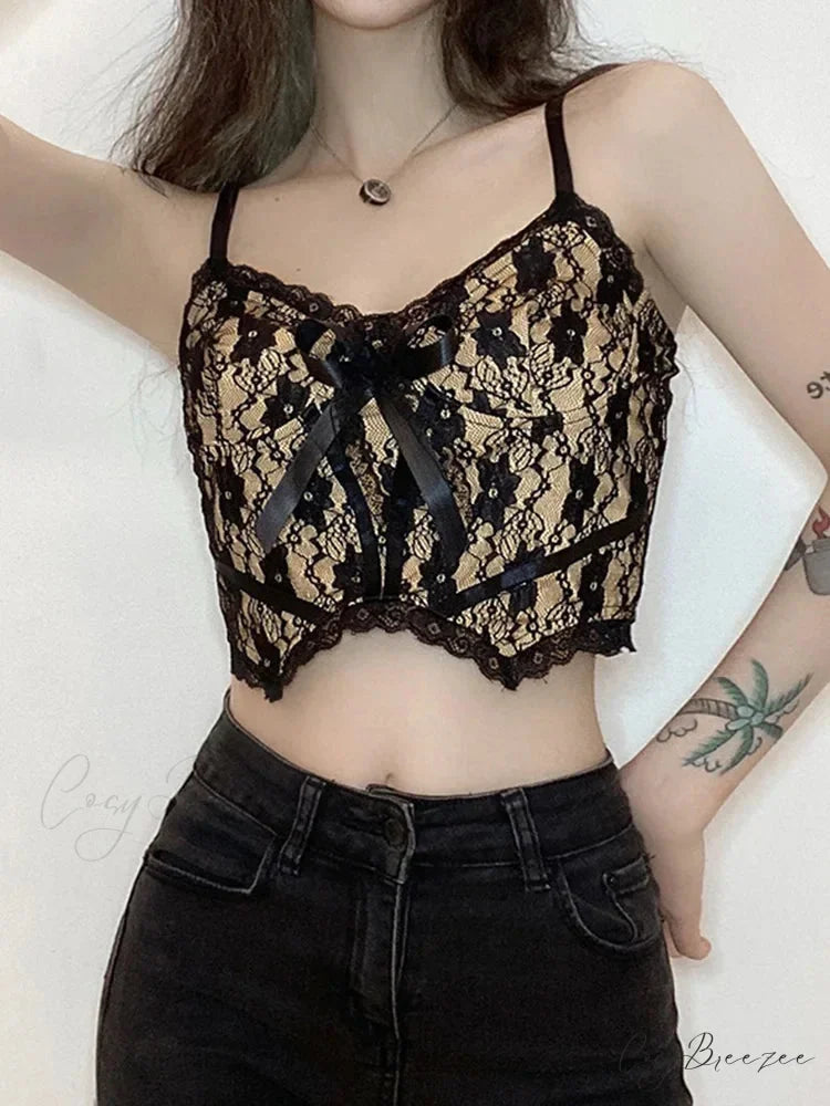 Aesthetic Lace Dark Academia E Girl Double Layer V Neck Sexy Crop Top