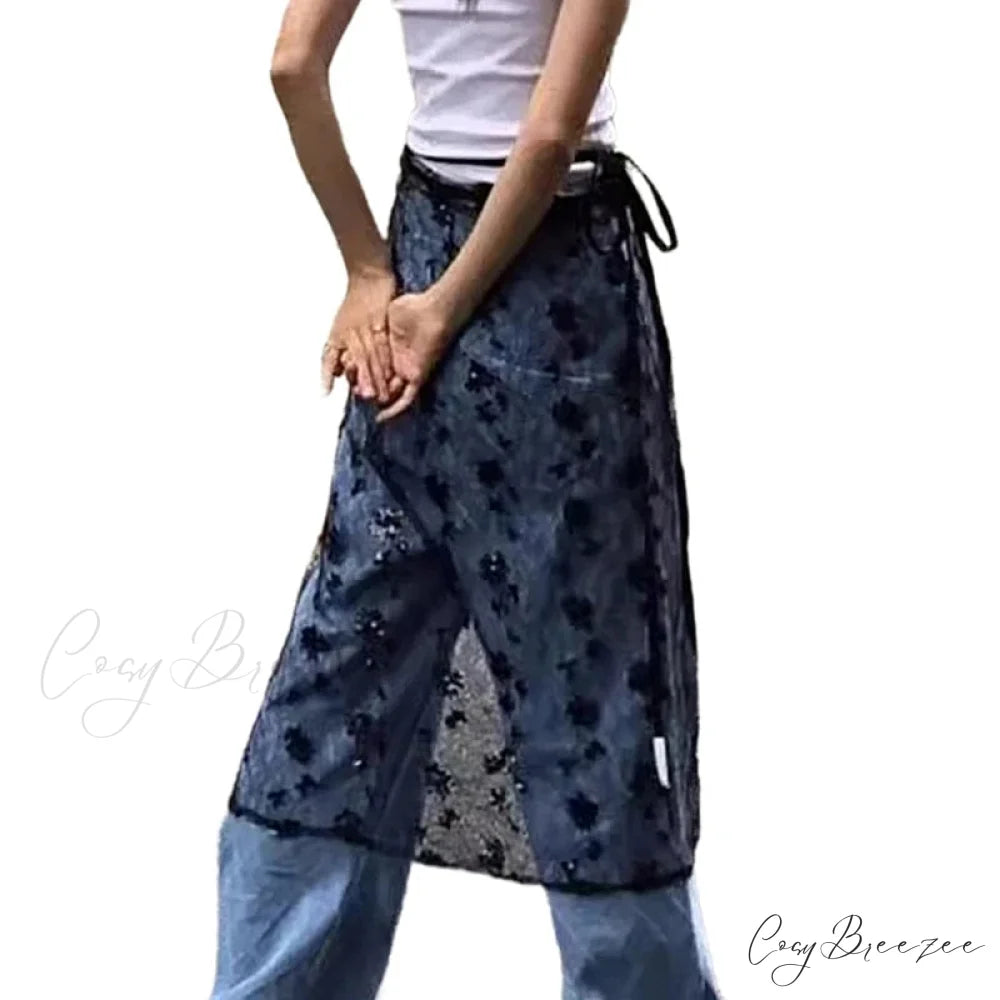 Aesthetic See Through Sequins Flower Lace Long Apron Skirt BLACK2 / One Size skirt-250126