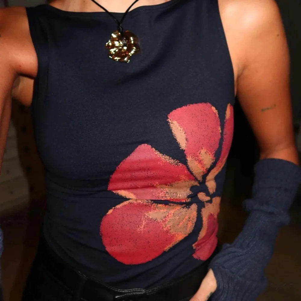 Aesthetic Y2K Floral Print Crewneck Sleeveless Graphic Crop BLACK2 / S croptop-250126