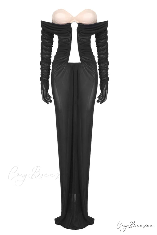 Afanen Bustier Stylish Ruched Mesh Dress XS / Black