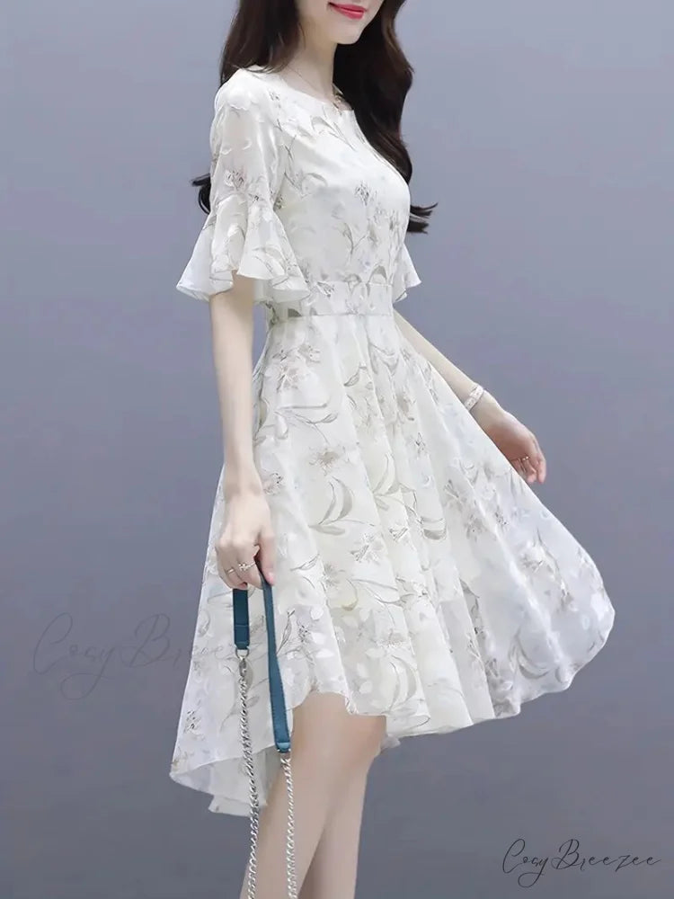 Airy Floral Print Chiffon Dress with Ruffle Trim Sleeves L / White