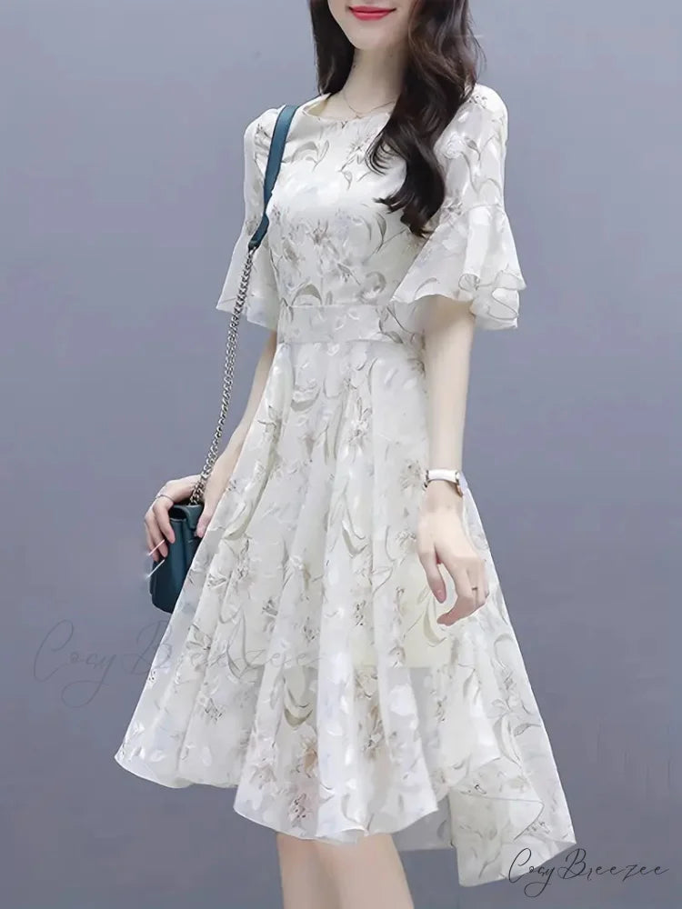 Airy Floral Print Chiffon Dress with Ruffle Trim Sleeves S / White