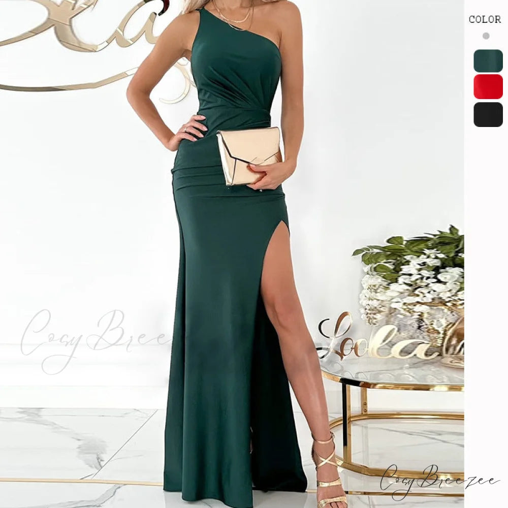Alda One Shoulder Charming High Low Crepe Dress Green / XS