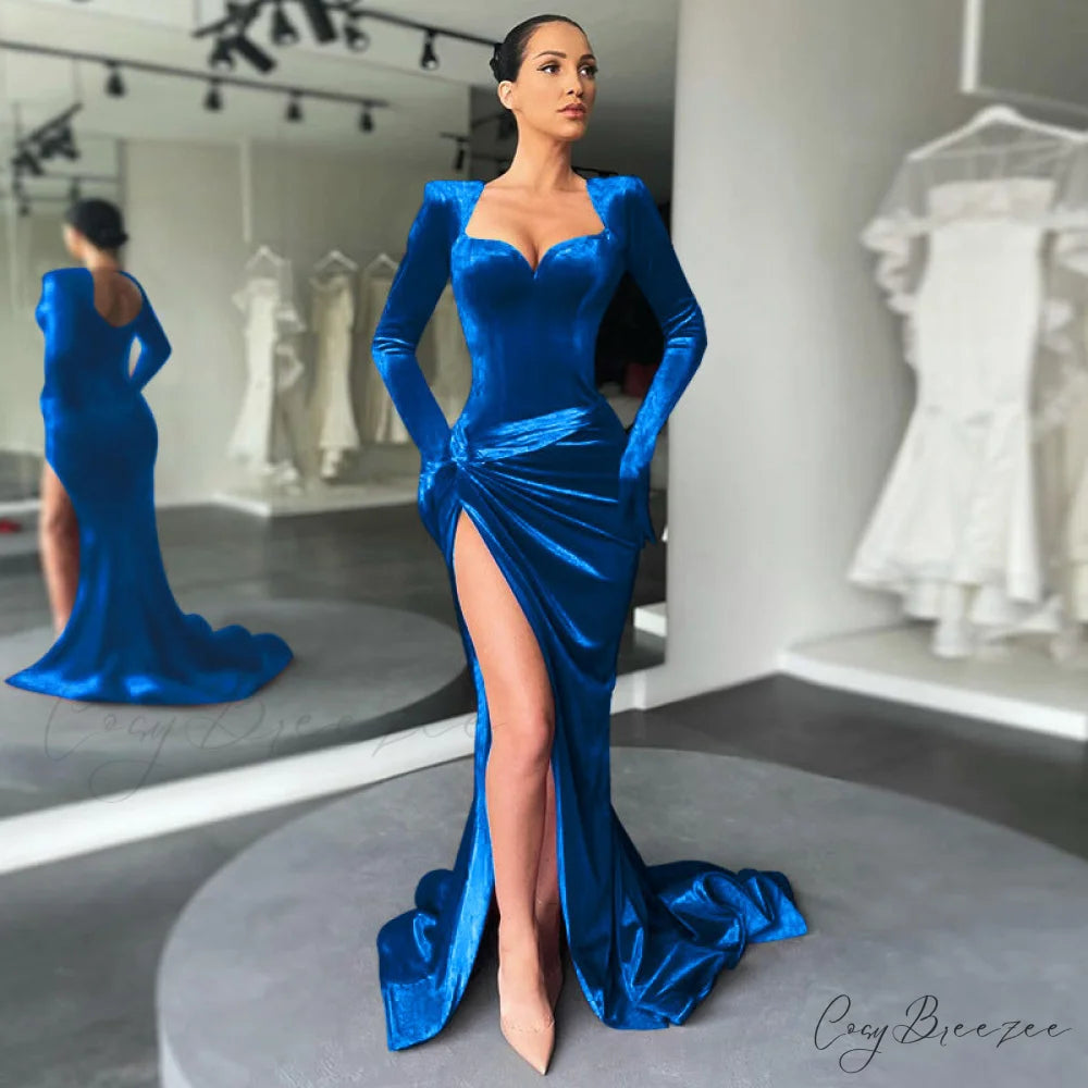 Aleah High Stylish Slit Velvet Dress BLUE / S