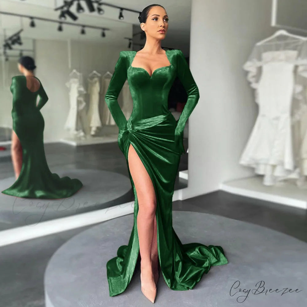 Aleah High Stylish Slit Velvet Dress GREEN / S