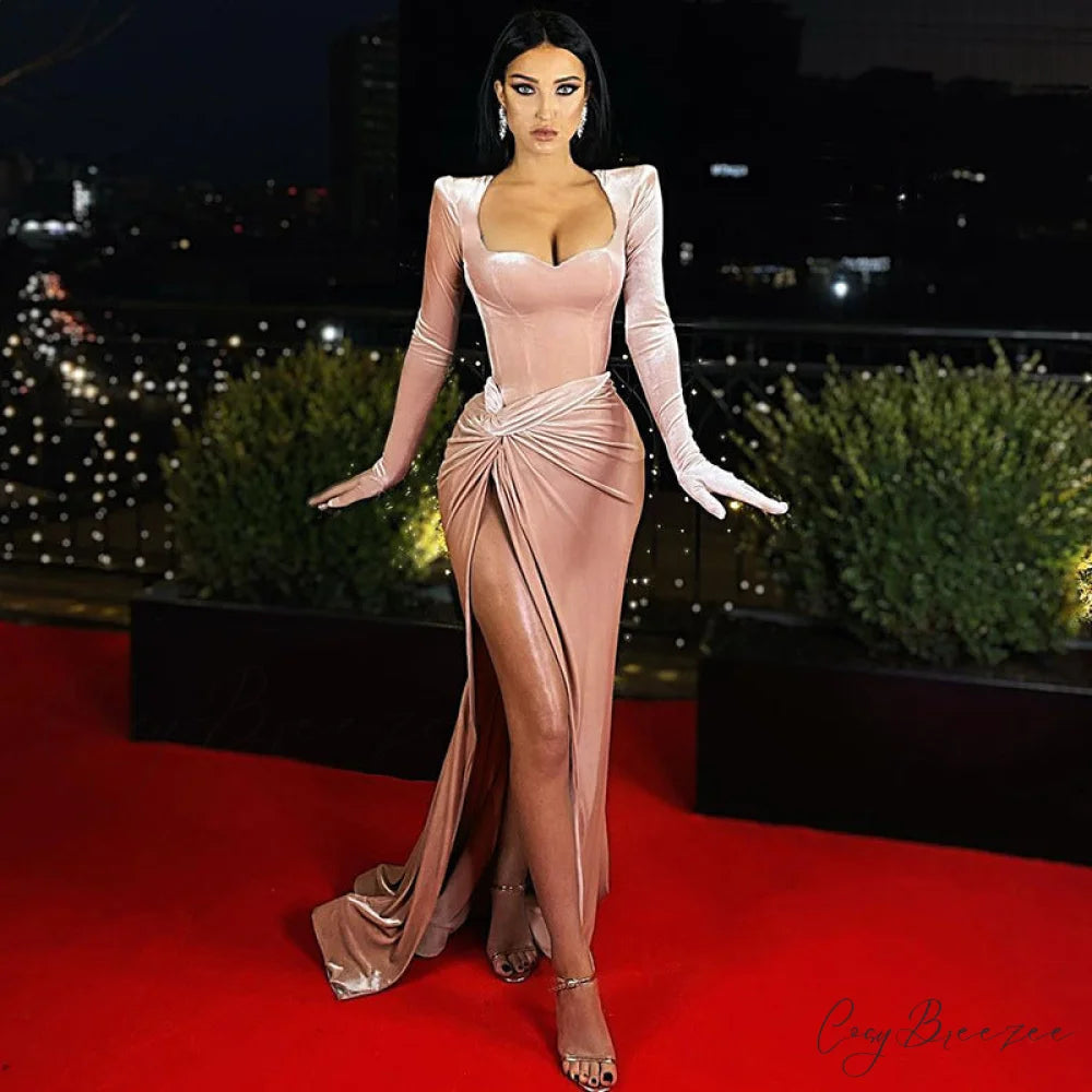 Aleah High Stylish Slit Velvet Dress PINK / S