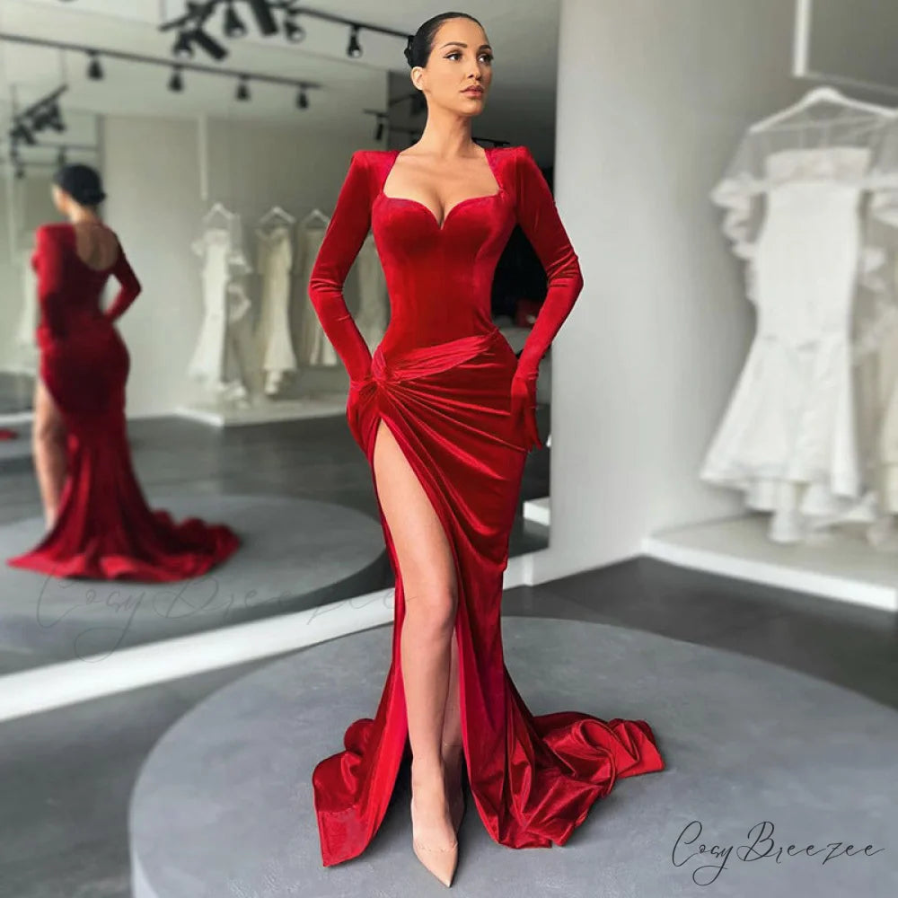 Aleah High Stylish Slit Velvet Dress RED / S