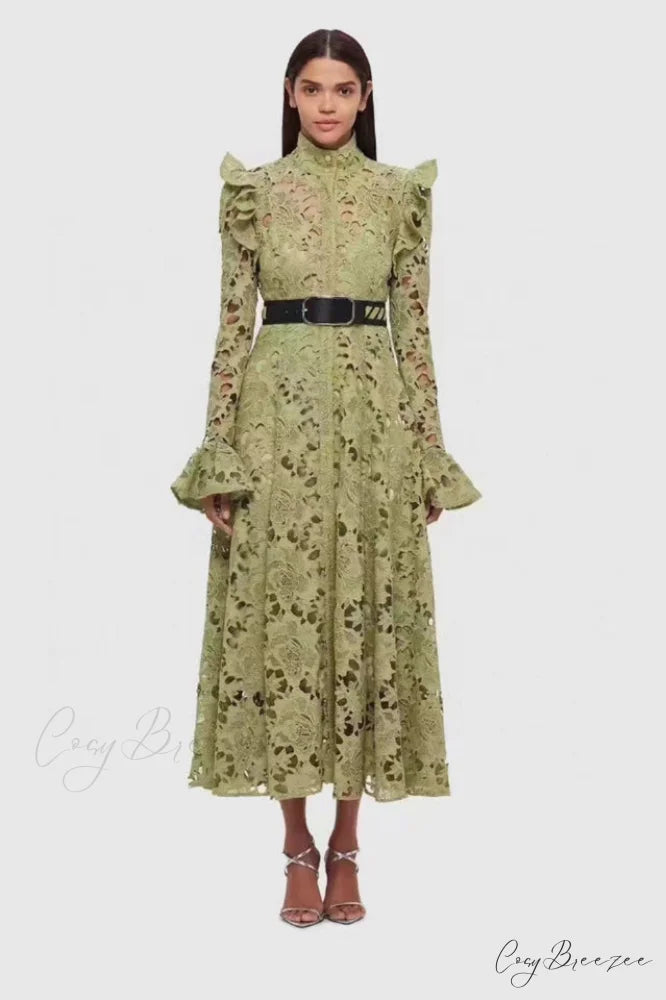 Aliyah Lace Fashion Charming Sleeve Midi Dress S / Olive