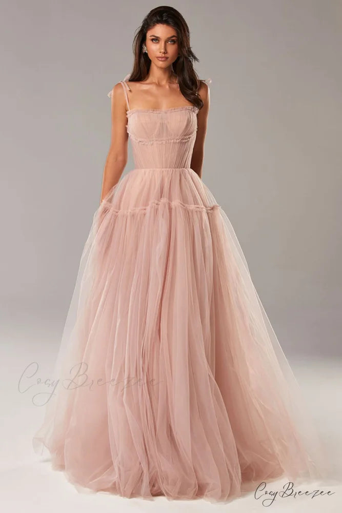Alluring Beauty Tie-Strap Trendy Tulle Maxi Dress Blush Pink / 2